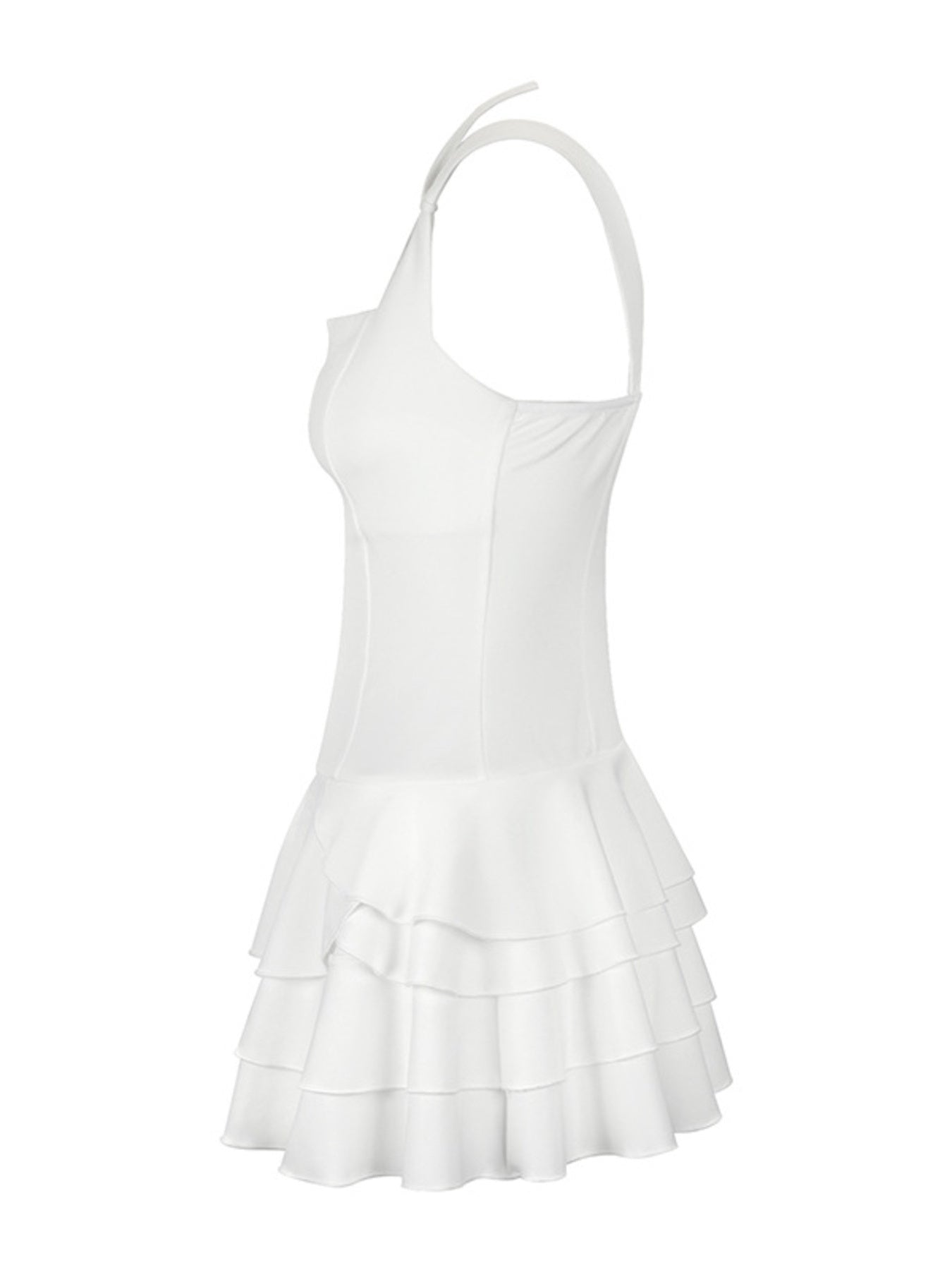 White mini dress with fitted bodice and tiered ruffled hem