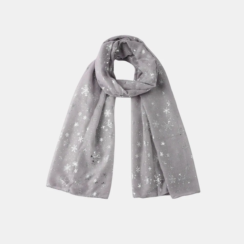 Gray scarf with silver snowflake print and scattered dots