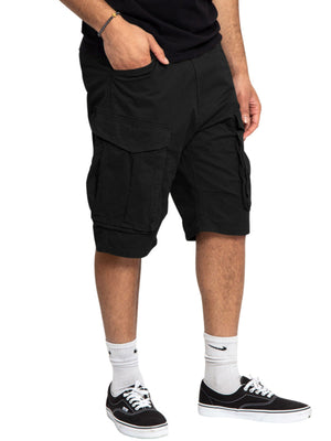 Black cargo shorts with multiple pockets and a relaxed fit.