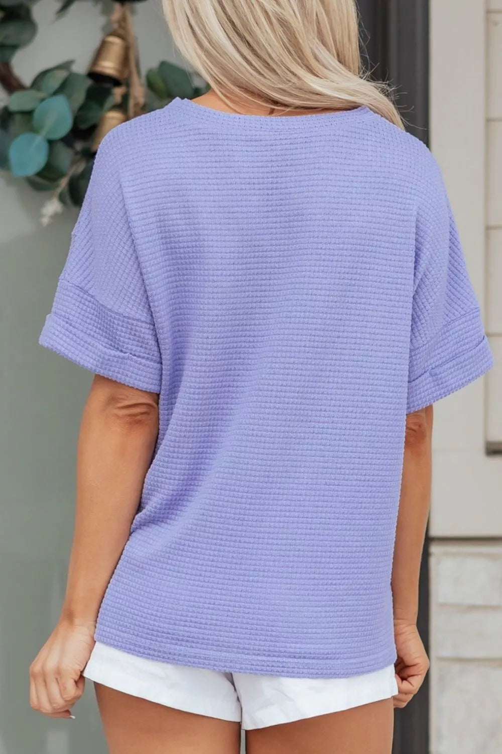 Relaxed V-neck waffle knit t-shirt in Blue Purple with cuffed short sleeves.