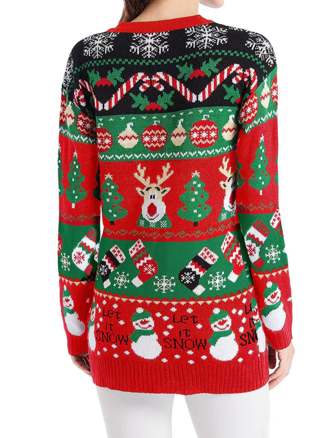 Festive Fair Isle button-up cardigan in red with Christmas patterns: snowmen, reindeer, trees, stockings, snowflakes.