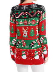 Festive Fair Isle button-up cardigan in red with Christmas patterns: snowmen, reindeer, trees, stockings, snowflakes.