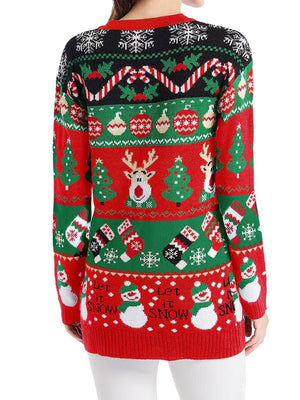 Festive Fair Isle button-up cardigan in red with Christmas patterns: snowmen, reindeer, trees, stockings, snowflakes.