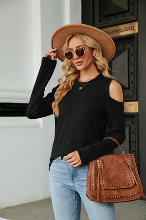 Black textured knit cold-shoulder long sleeve top