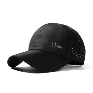 Black perforated breathable baseball cap with curved brim and logo