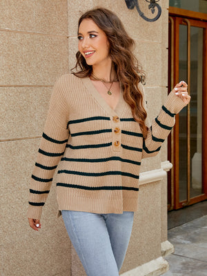 Khaki striped knit sweater with button front and relaxed fit
