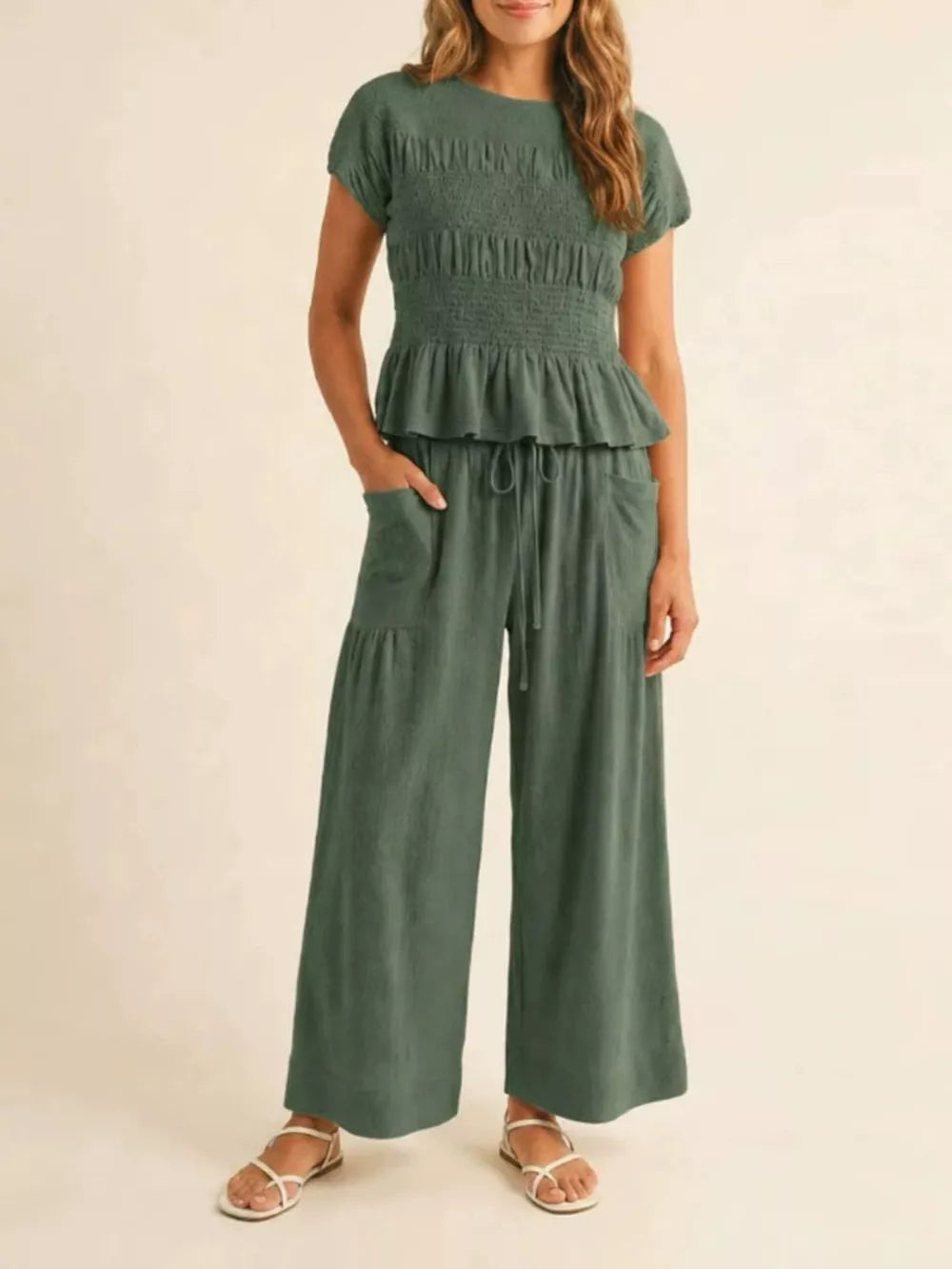 Smocked Peplum Top And Wide-leg Pants Set in Terracotta, back view