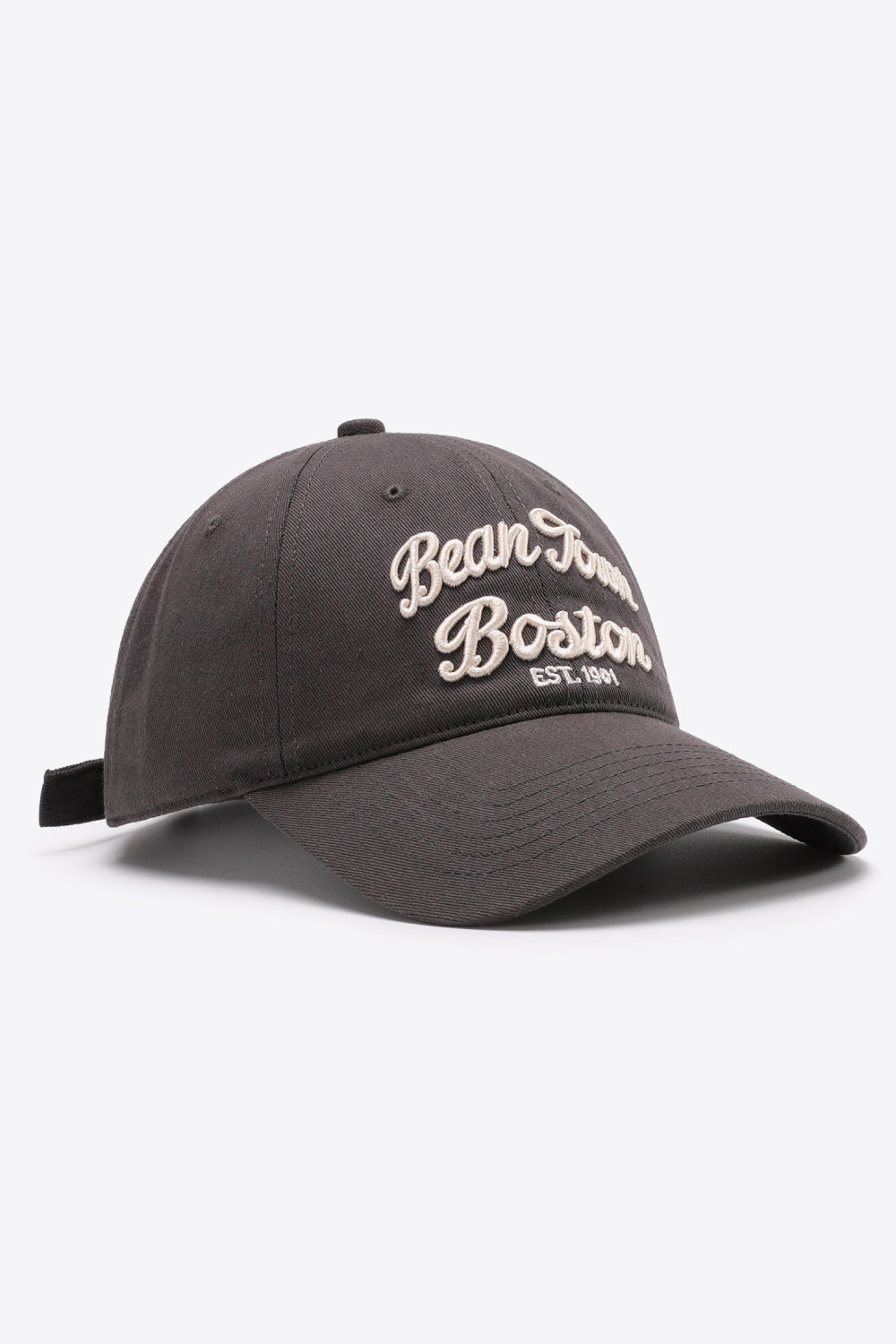 Dark Gray baseball cap with embroidered "Bean Town Boston EST. 1991" text.