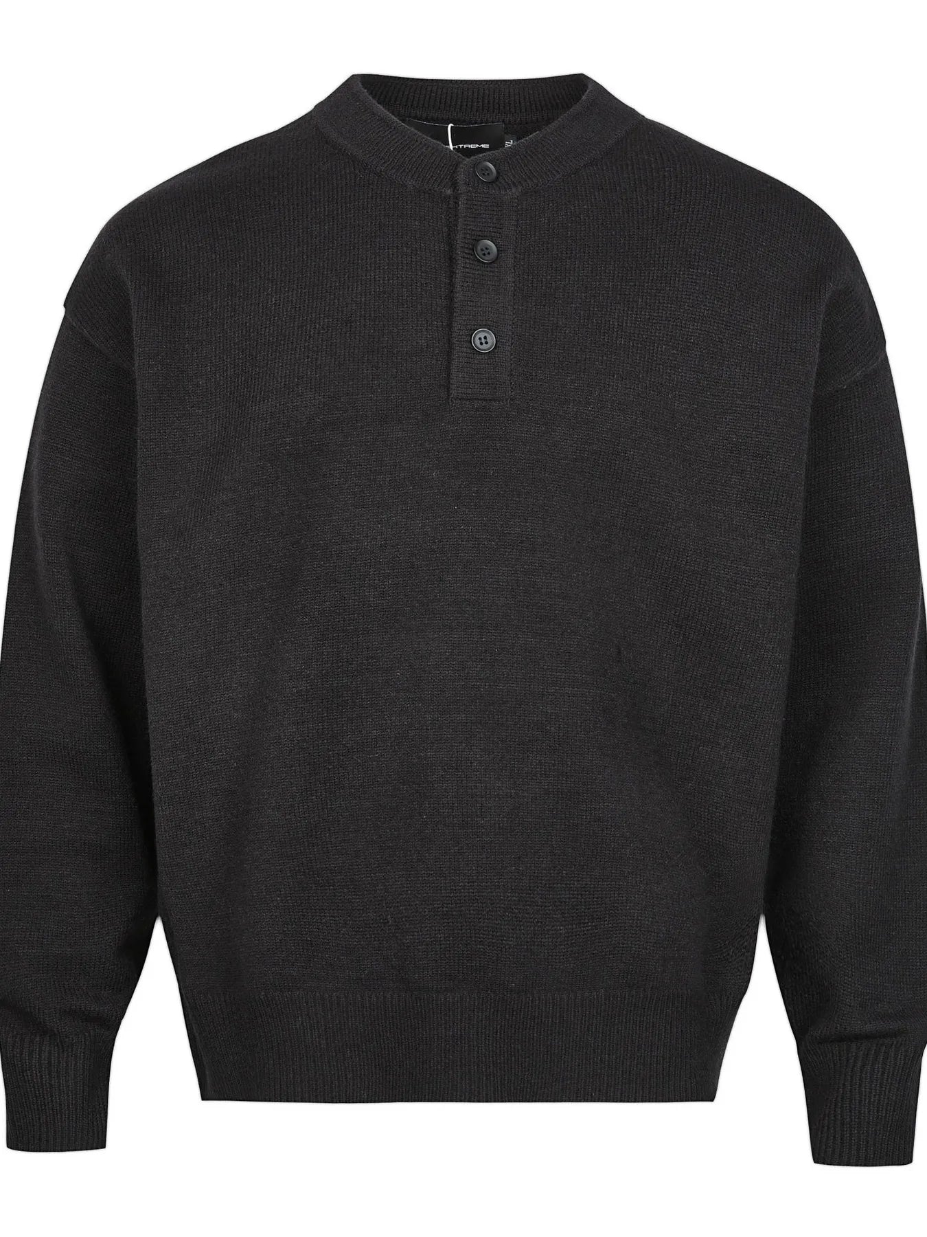 Black button detail drop shoulder sweater with a band collar.