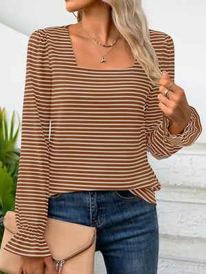 Striped square neck blouse with ruffle cuffs in Camel and White.