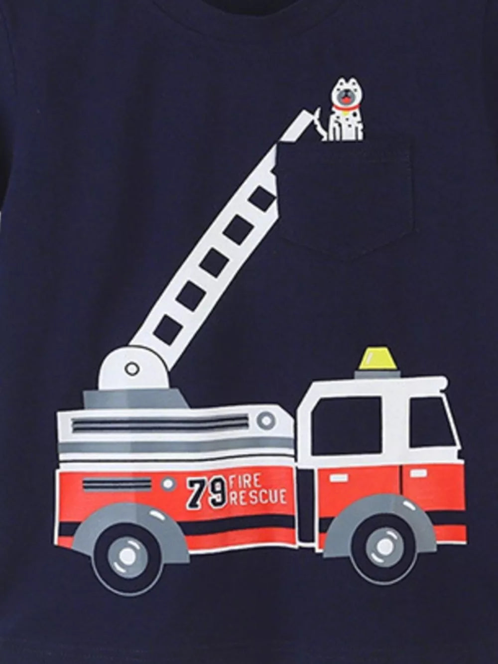 Navy cotton t-shirt with a red fire truck graphic and a dog in a pocket.