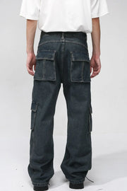Dark denim cargo pants with multiple pockets and contrast stitching.