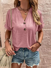 Full Size Notched T-shirt With Rolled Sleeves in Pink, back view