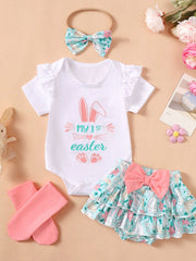 White ruffled bodysuit with Easter bunny graphic and floral ruffled skirt with pink bow.