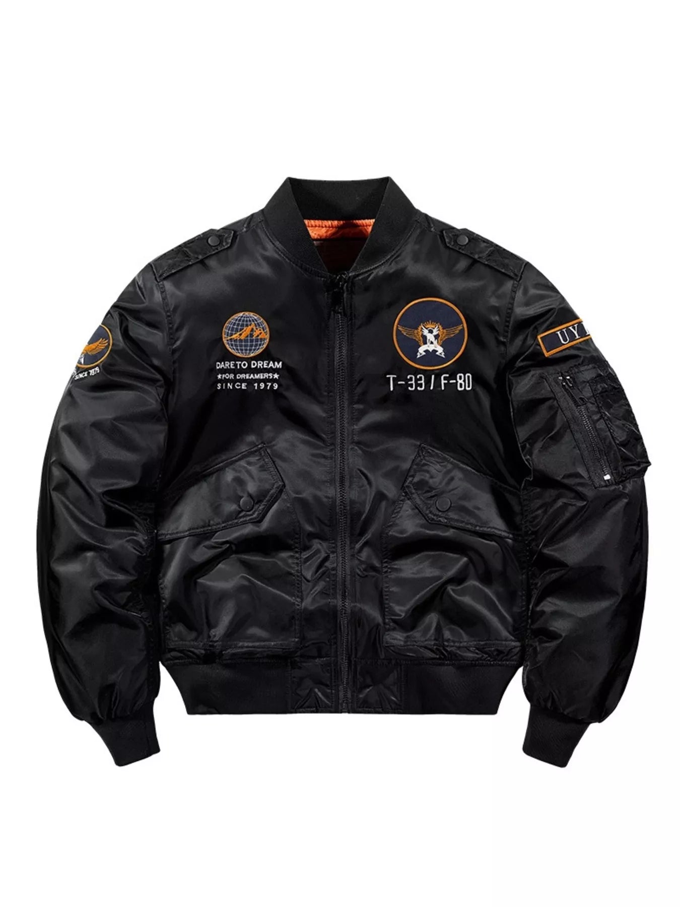 Men's black zip-up bomber jacket with embroidered patches and utility pocket.