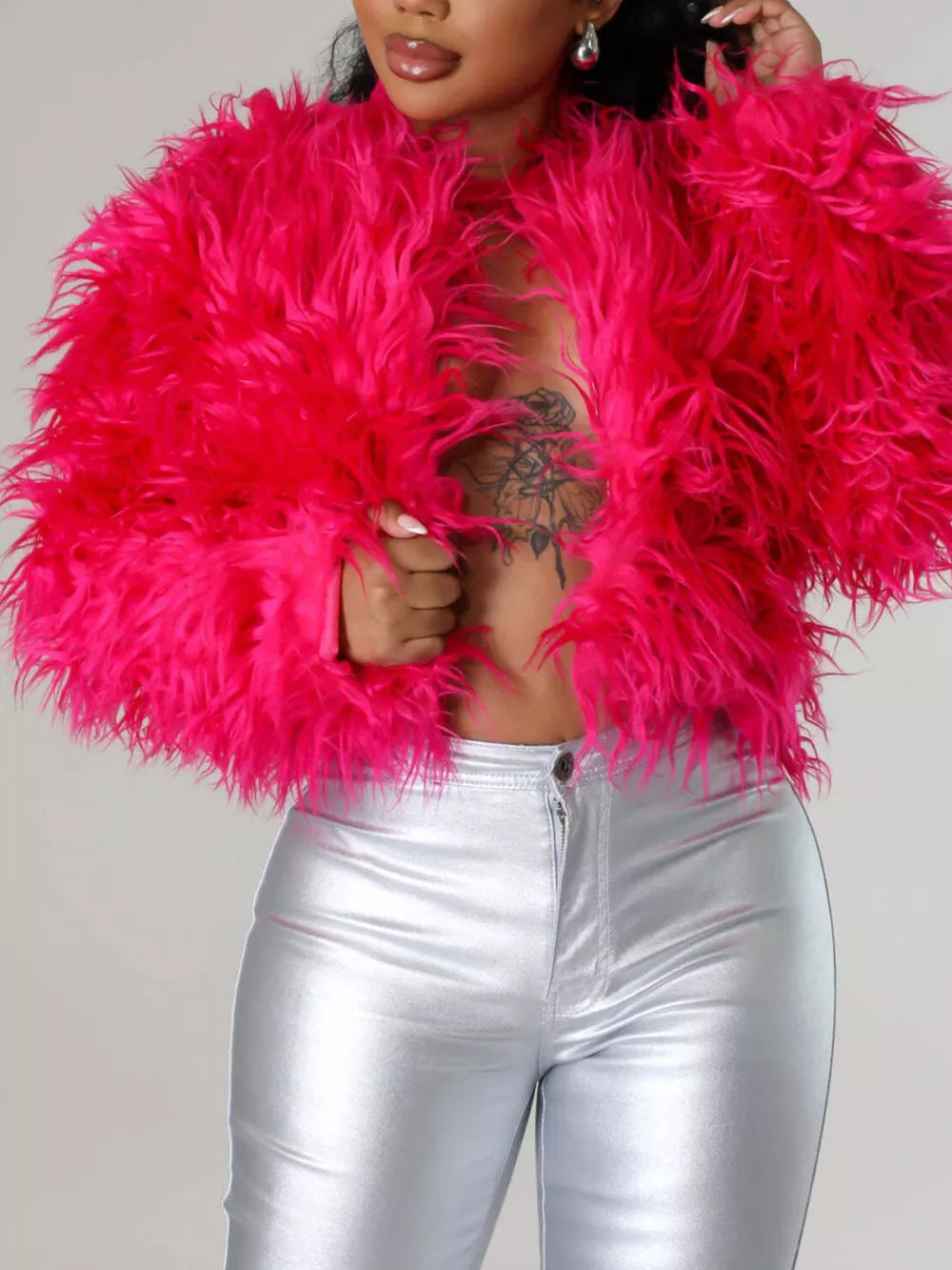 Faux Fur Open Front Cropped Outerwear in Red, view 14