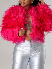 Faux Fur Open Front Cropped Outerwear in Red, view 14