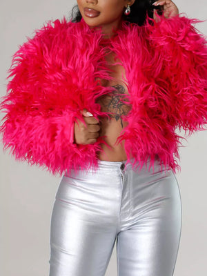 Faux Fur Open Front Cropped Outerwear in Red, view 14