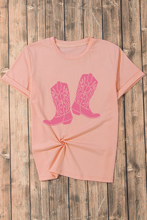 Blush pink graphic tee with round neck and cowboy boot print