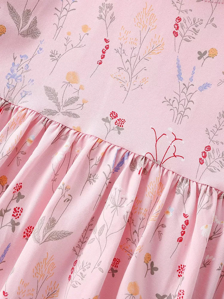 Children's pink floral print A-line dress with ruffled hem detail