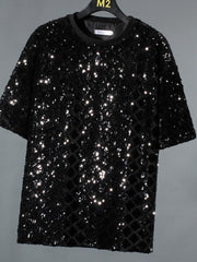 Men's black sequin round neck t-shirt with all-over sparkle and diamond pattern detail.