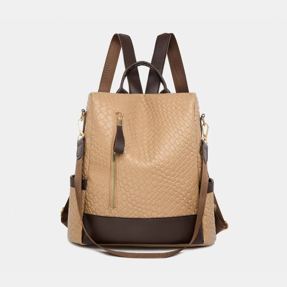 Tan woven faux leather convertible backpack with brown trim and straps.