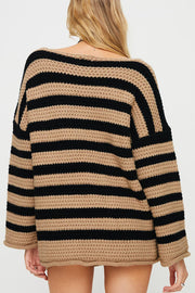Chunky knit sweater with boat neck and black stripes in khaki acrylic.