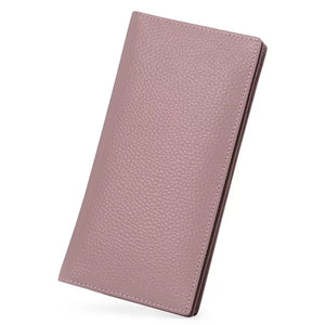 Dusty pink pebbled leather long wallet with stitched edges