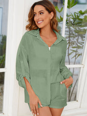Textured cotton relaxed fit shirt set in Matcha Green with button front and roll-tab sleeves.