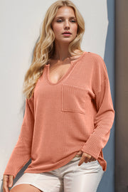 Coral ribbed plunge neck long sleeve top with chest pocket