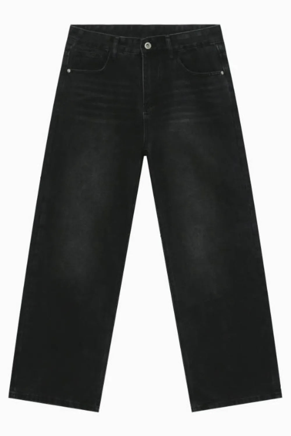 Black wide leg denim jeans with a relaxed fit and subtle whiskering.