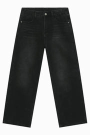 Black wide leg denim jeans with a relaxed fit and subtle whiskering.