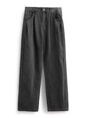 Men's dark wash cotton wide-leg jeans with a casual oversized fit and front pleats.