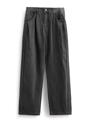 Men's dark wash cotton wide-leg jeans with a casual oversized fit and front pleats.