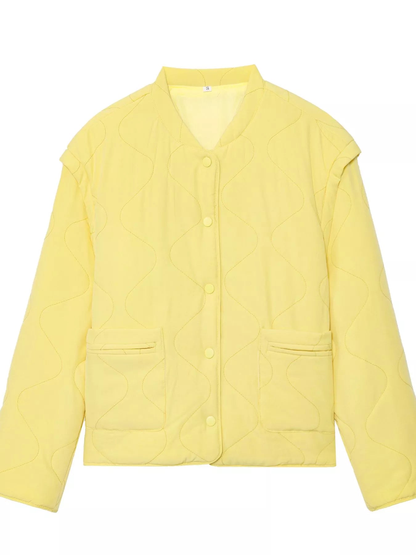 Yellow quilted puffer jacket with snap buttons and two front pockets.