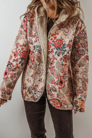 Floral paisley hooded jacket with sherpa lining and pockets.