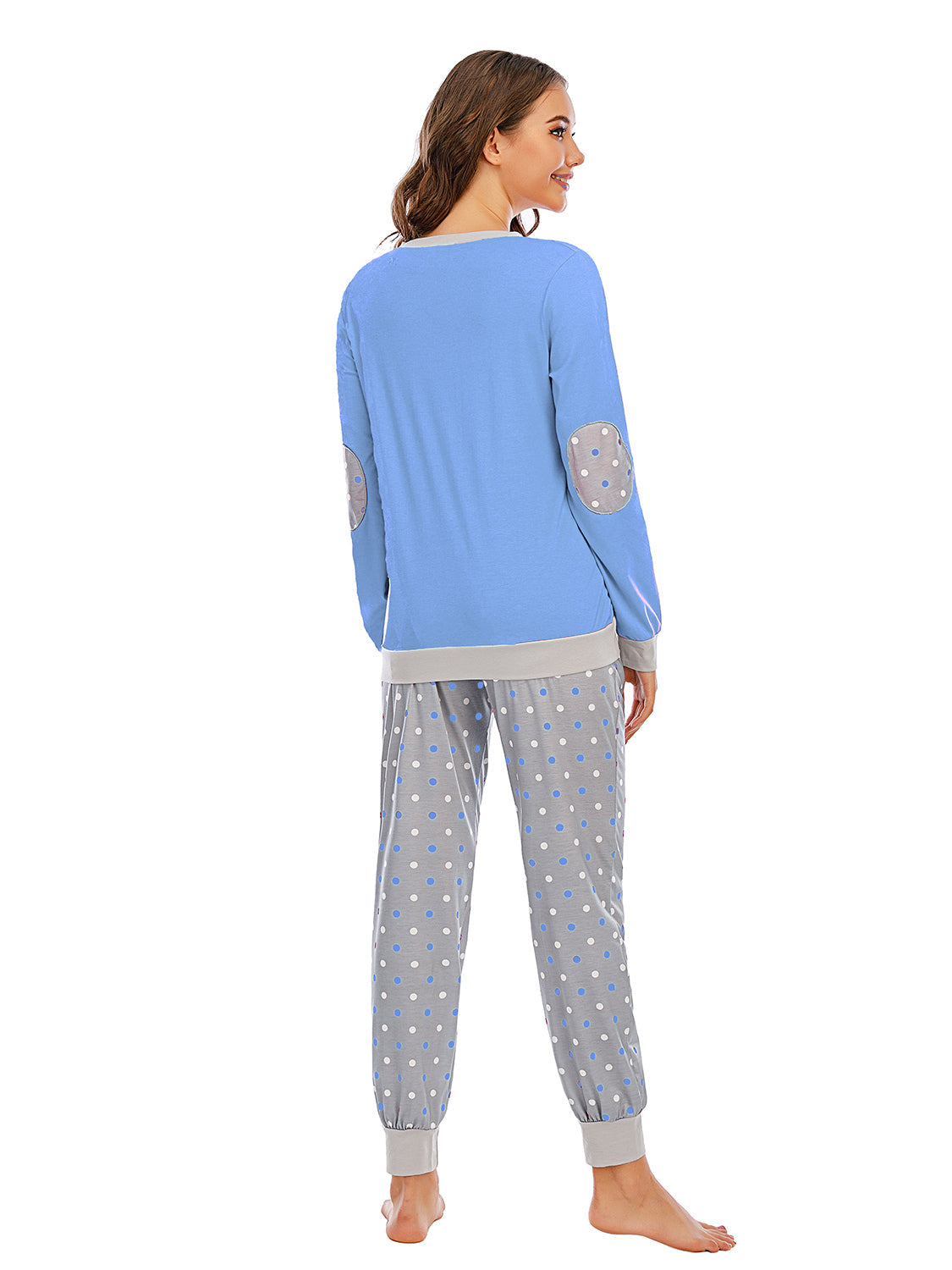 Pastel blue lounge set with grey polka dot pants and contrast trim.