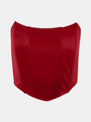 Structured corset crop top in scarlet satin with a sweetheart neckline.