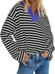 Oversized striped long-sleeve sweatshirt with blue collar and V-neck