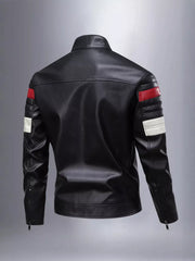 Black motorcycle jacket with red and white color block stripe details on sleeves.