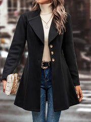 Black wool blend coat with buttoned front and flared hem