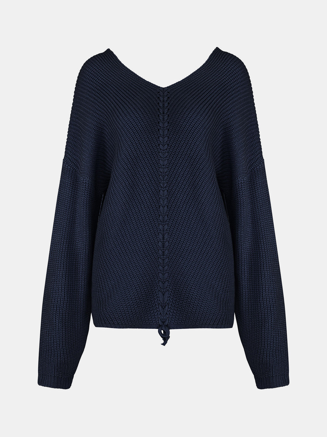 Dark Blue knit sweater with V-neck and lace-up detail on back.