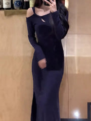 Navy cutout asymmetrical long sleeve maxi dress with a high slit
