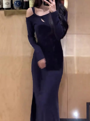 Navy cutout asymmetrical long sleeve maxi dress with a high slit