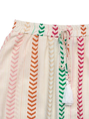 Chevron stripe tiered maxi skirt with drawstring and tassel detail.