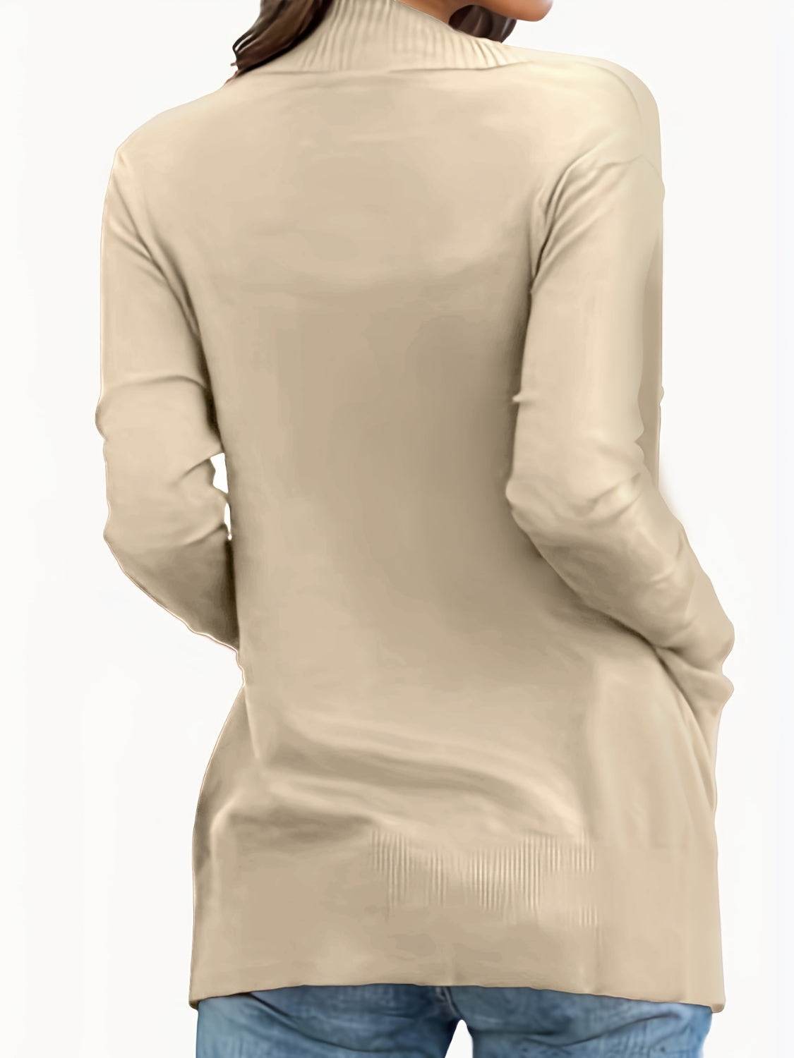 Tan textured knit open-front cardigan with pockets and ribbed hem detail.