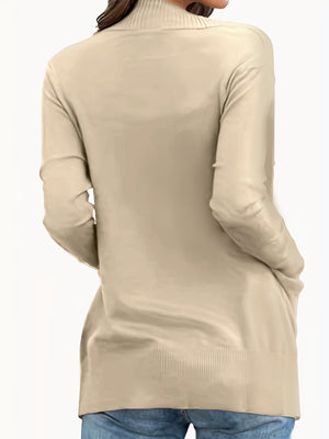 Tan textured knit open-front cardigan with pockets and ribbed hem detail.