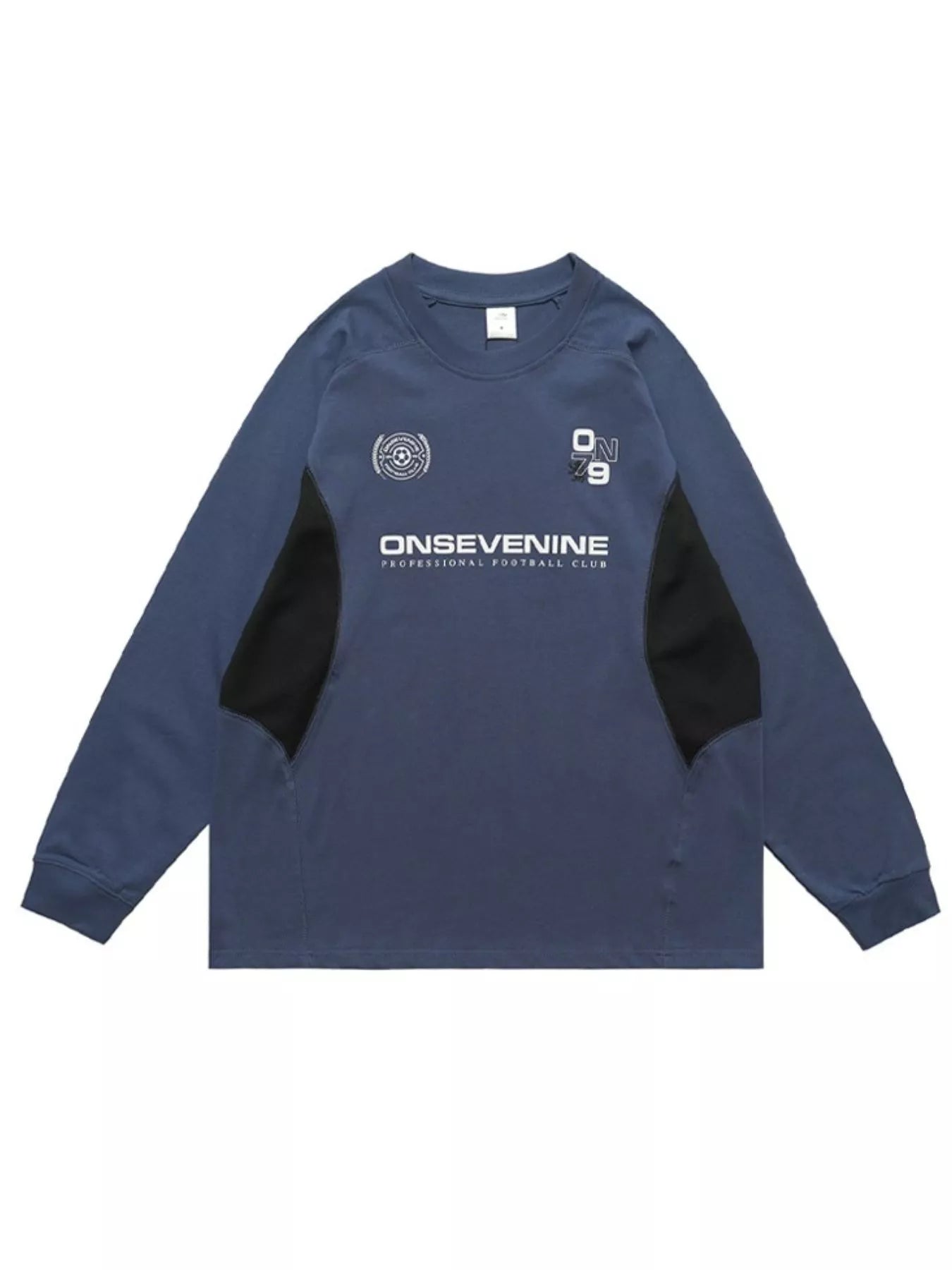 Relaxed fit royal blue long-sleeve tee with black paneling and graphic print.