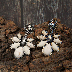 Floral white petal drop earrings with silver alloy metal and natural stone accents.