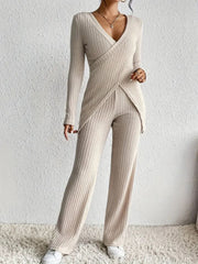 Ribbed knit lounge set with crossover v-neck top and wide leg pants in Dust Storm.